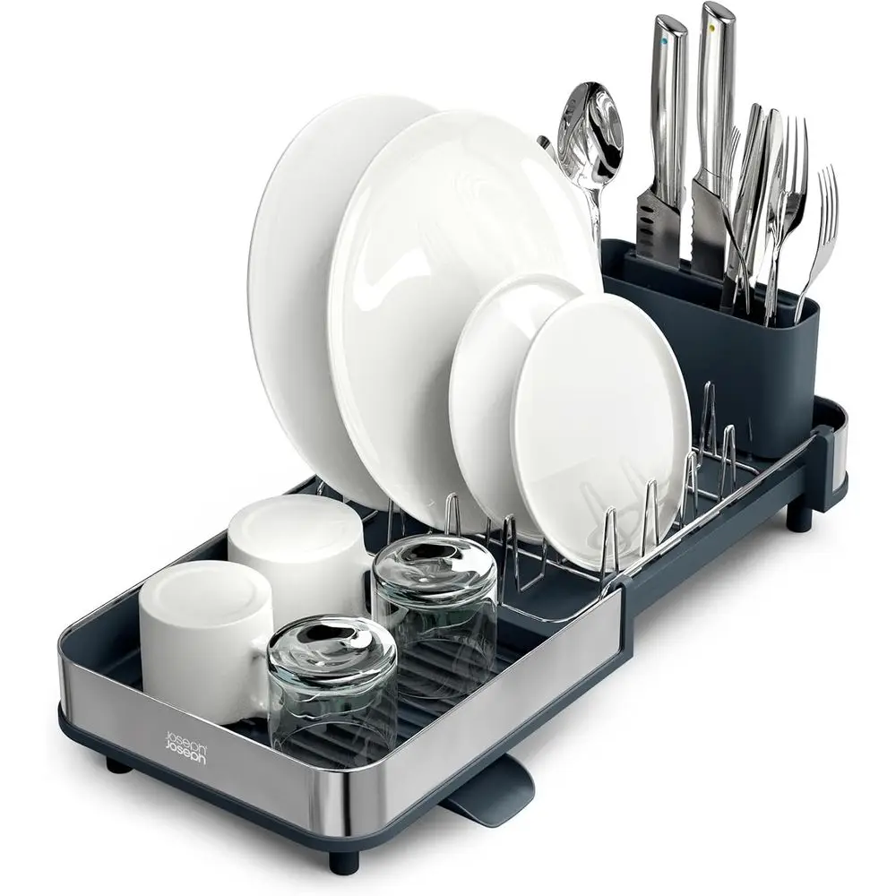 

Expandable Dish Drying Rack with Removable Cutlery Holder and Swivel Draining Spout, Compact Design, Grey
