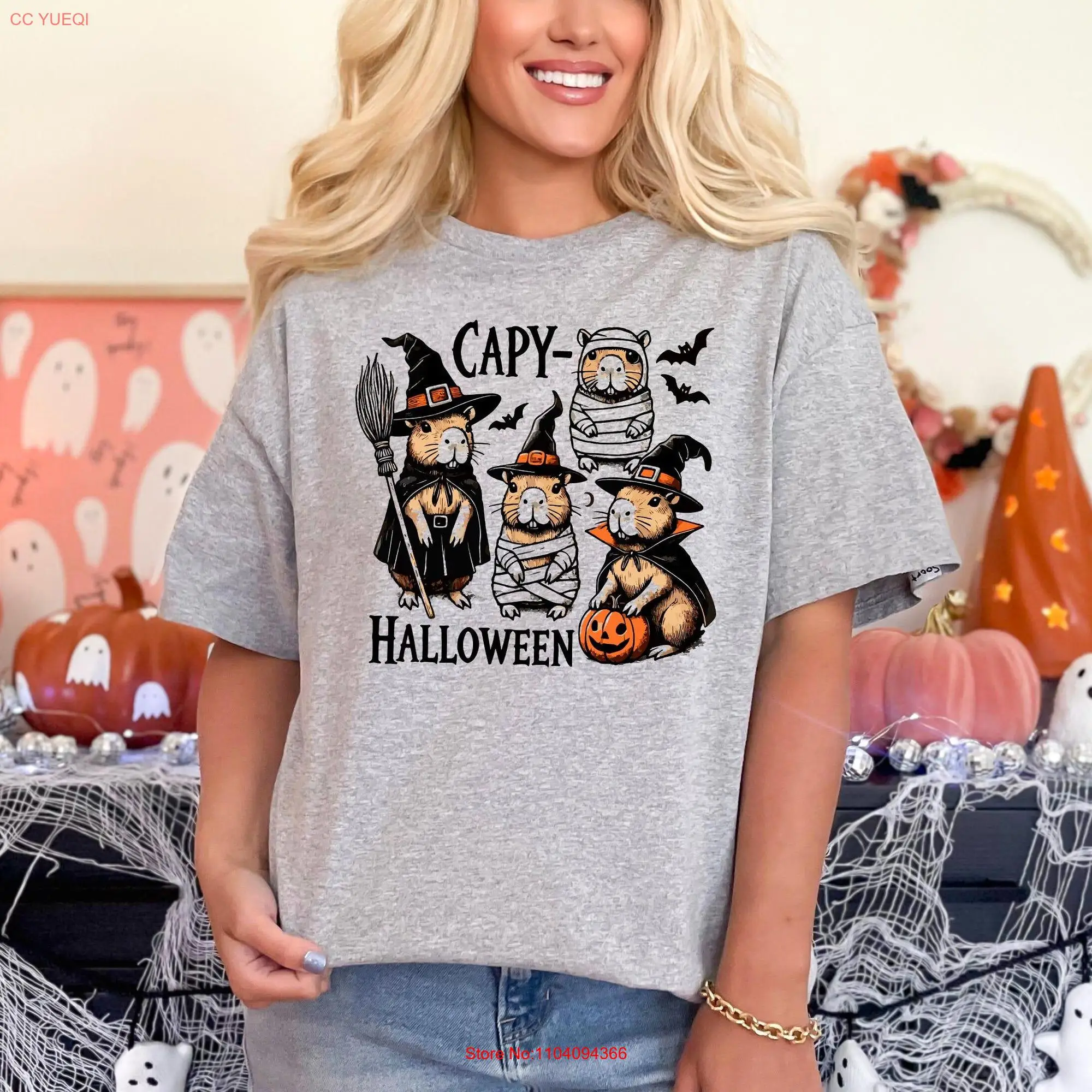 Capy Halloween T Shirt Capybara Cute Spooky Season Witch Crewneck long or short sleeves