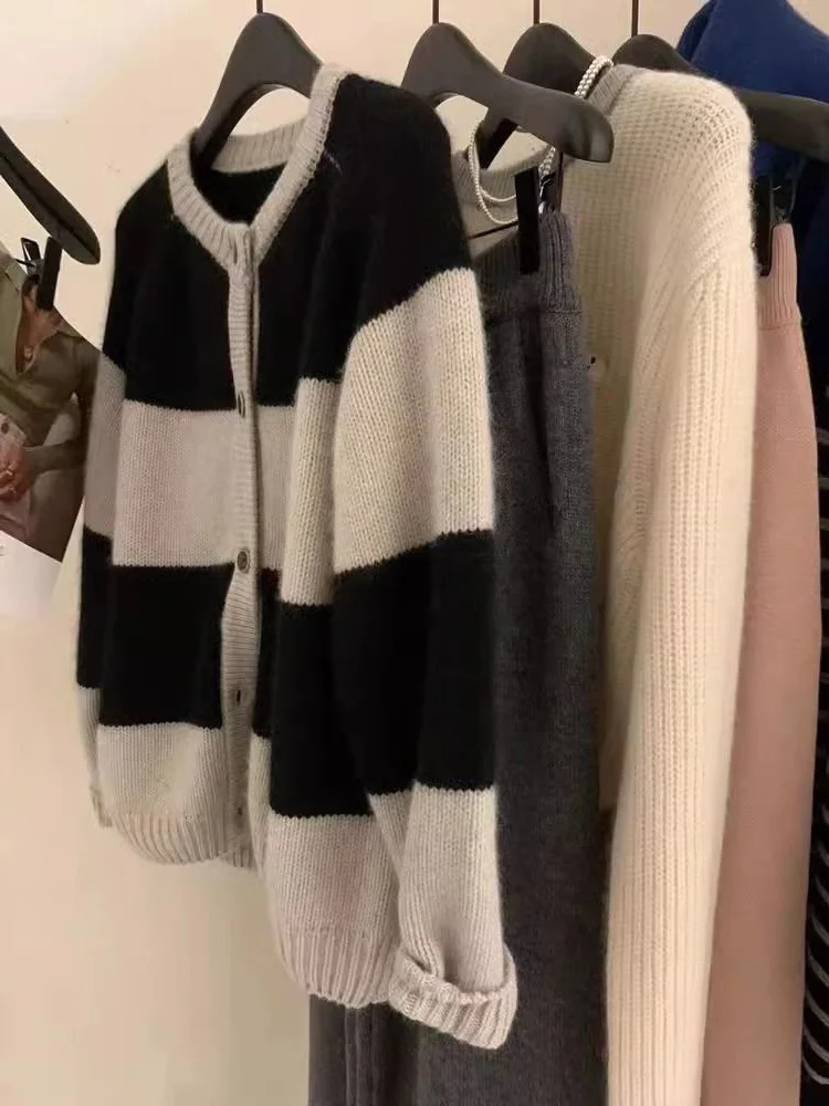 

Женский вязаный кардиган больших размеров в полоску, повседневный свитер-жакет, осенне-зимний, универсальный, свободного кроя