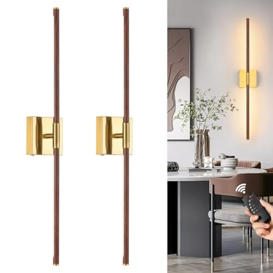 

Walnut Battery Operated Wall Sconce with Remote Control Rechargeable Wall Sconces Set of 2 LED Wireless Wall Light 24″ Modern S