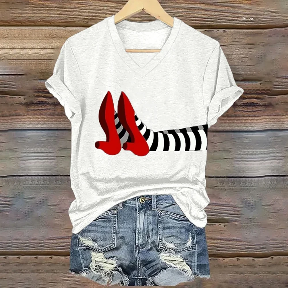 Funny Cartoon Pattern Red Heels Print Women's T-shirts Fashion V-neck Short Sleeves T shirt For Summer Loose Women Clothing Tops