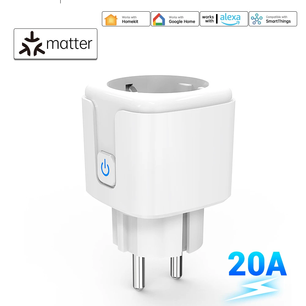 Matter WiFi Smart Socket 16A/20A EU Smart Plug Home Appliance Socket Extension for HomeKit SmartThing Works with Alexa Google