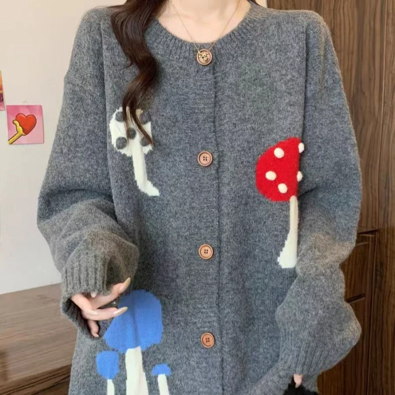 

Осенне-зимний шерстяной свитер с вышивкой в виде грибов, пальто в стиле ретро, темпераментное пальто