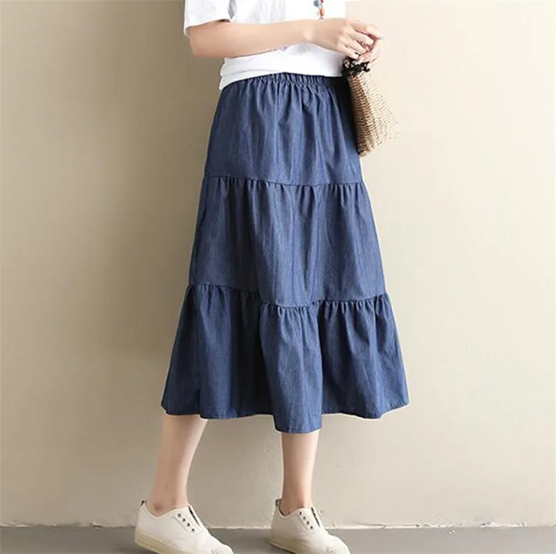 2026 Spring Summer Ruffled pleated jeans skirt Women\' long Skirt High Waist Denim Skirts black blue jeans skirts vintage clothes
