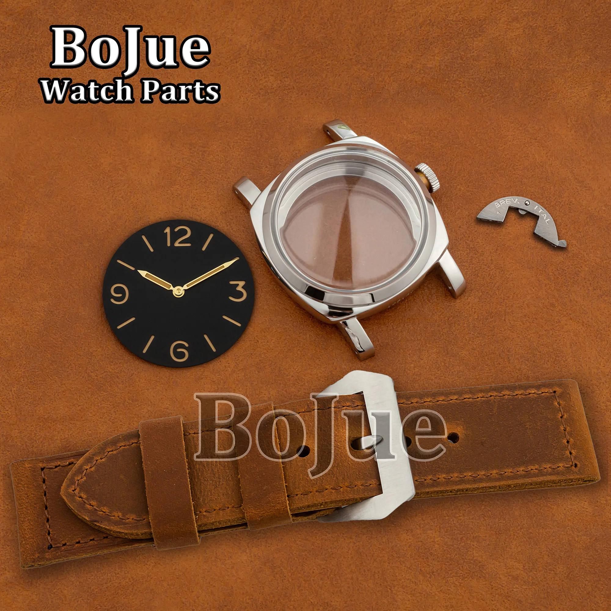 

47mm Pam Vintage Stainless Steel Case Dial Hands Leather Strap 100m Waterproof Transparent Back for ETA6497 6498 ST3600 Movement