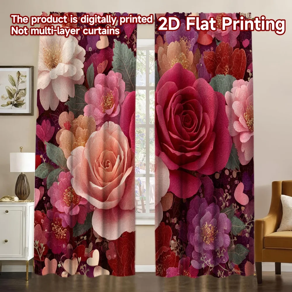 2D FLAT PRINTING 2pcs Curtains (Without Rod) Valentine's Day Floral Hearts Pattern Chic Curtains Versatile Fabric Curtains
