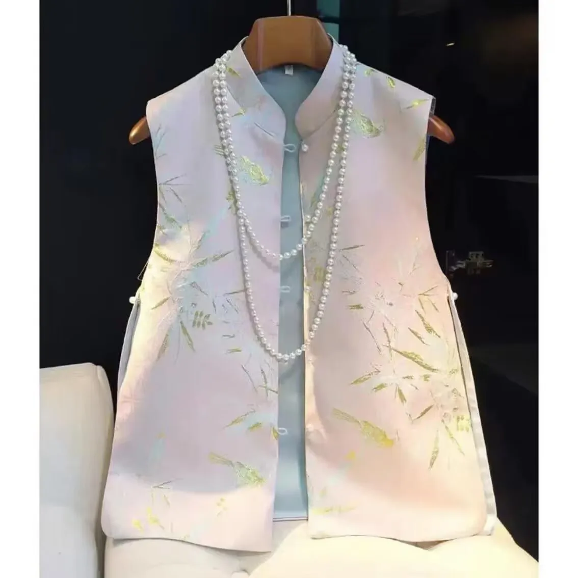 Jacquard Bamboo Leaf Vest Plus Size 3Xl4 Xl5Xl Qipao Top Lady Elegant New Chinese Style Clothes Mandarin Collar Sleeveless Coat