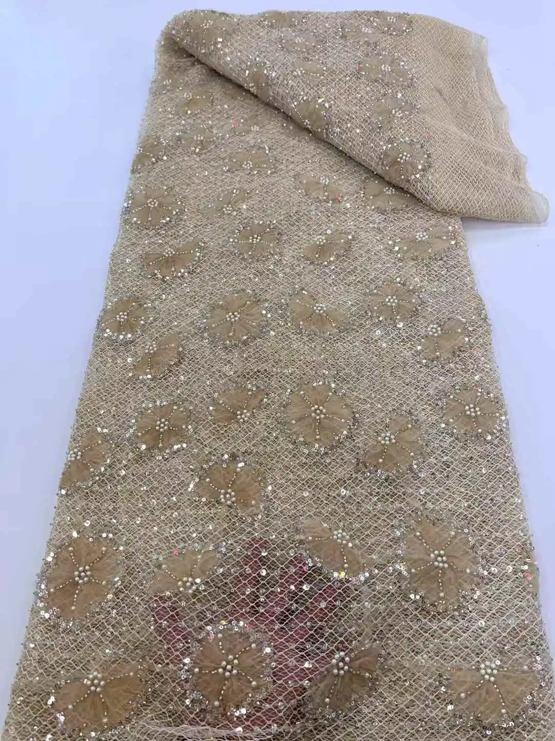 新デザインレース生地高品質レースチュールメッシュネットレース生地 2025 高級ハンドビーズ花嫁のウェディングドレス 5 ヤード