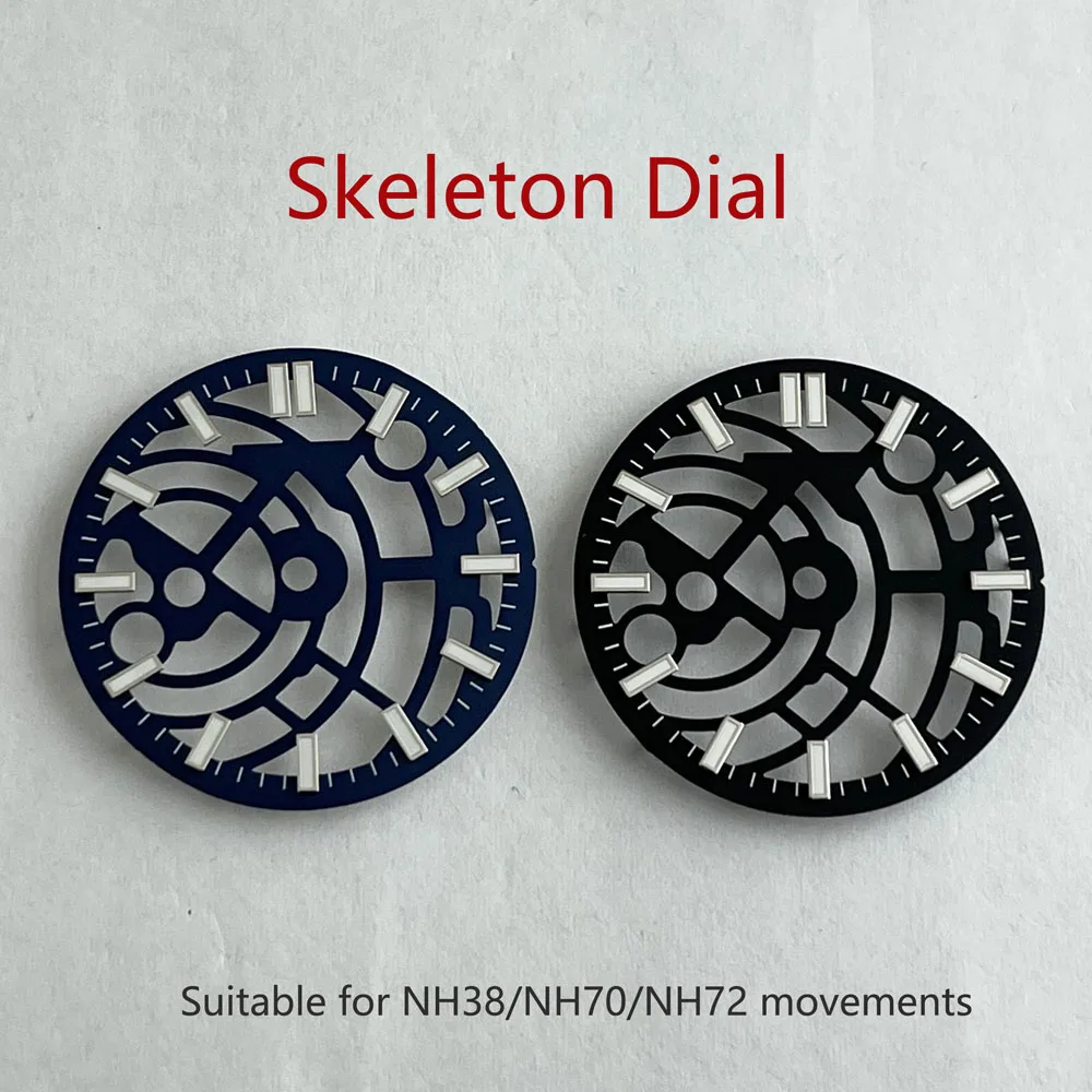 Quadrante scheletrato scavato luminoso NH38/NH70 da 28,5 mm per accessori per orologi con quadrante con movimento scheletrato automatico NH38/NH70/NH72