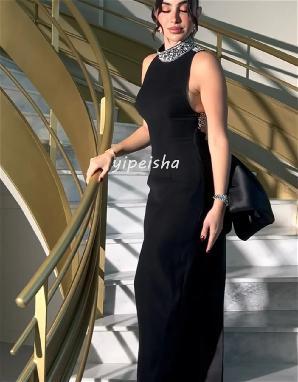 Customized Intricate Jersey Bow Beading Sequined Straight High Collar Midi Dresses Bespoke Occasion Dresses Sizes Available Sexy