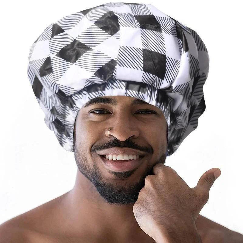 Large Waterproof Shower Caps Reusable Adjustable Bath Cap Men Shower Cap Bath Bonnet Double Layer Terry Cloth Lined Bonnet