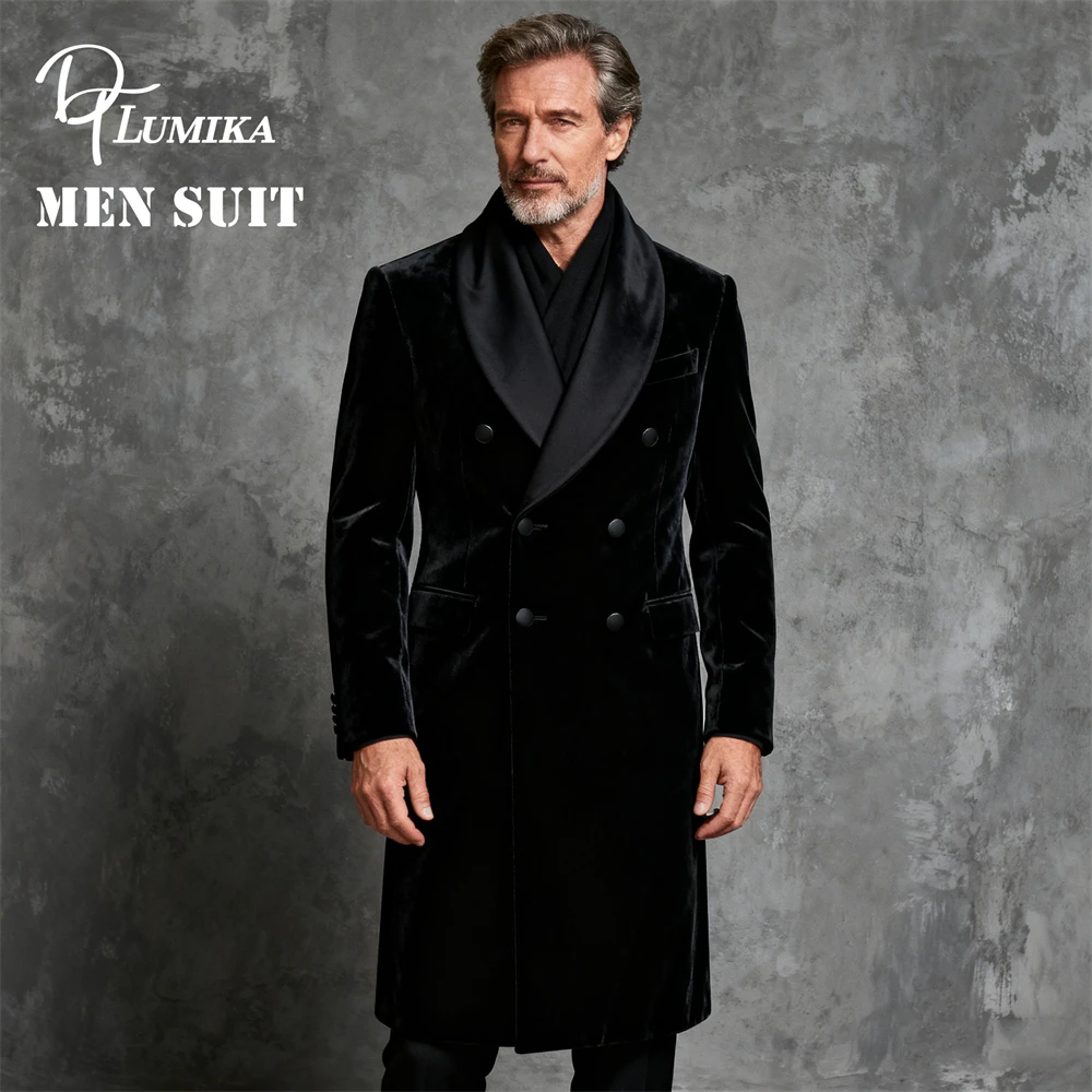 

DTLumika- Black Velvet Suit Coat Double Breasted Modern Shawl Collar Plus Size Long Suit Coat Made-to-Order Plus Suits