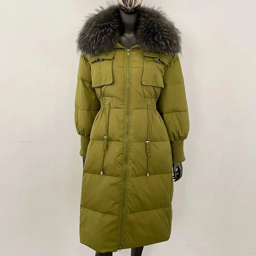 المرأة 2025 ريال فوكس الفراء طوق جديد الأبيض بطة أسفل معطف سيدة معطف الفرو الطبيعي الشتاء فوق الركبة سليم صالح الدافئة سترة منفوخة
