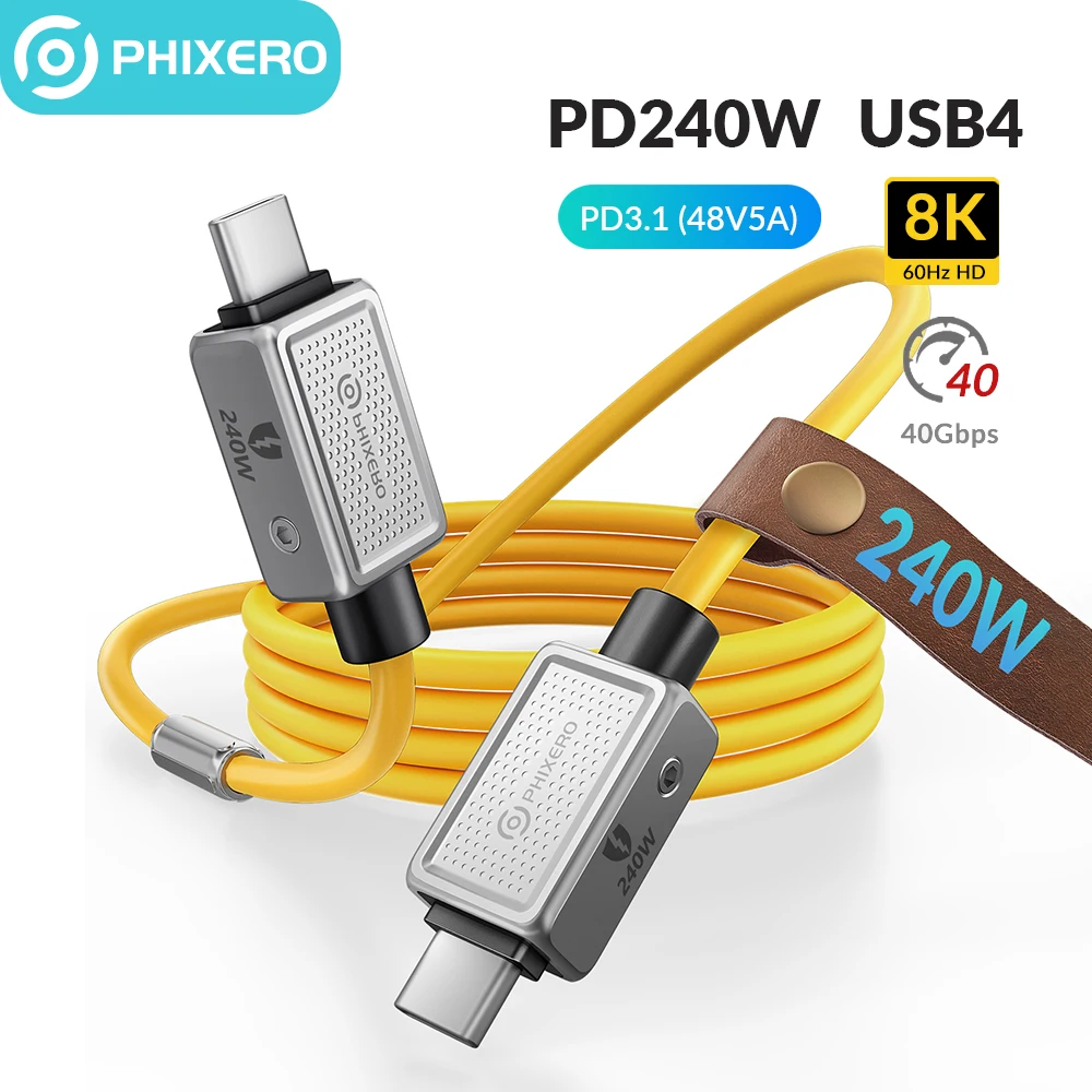 

Кабель PHIXERO USB4 240 Вт, силиконовый кабель PD USB C, кабель передачи данных, шнур для быстрой зарядки Thunderbolt 3 8K для планшета, ноутбука Samsung MacBook