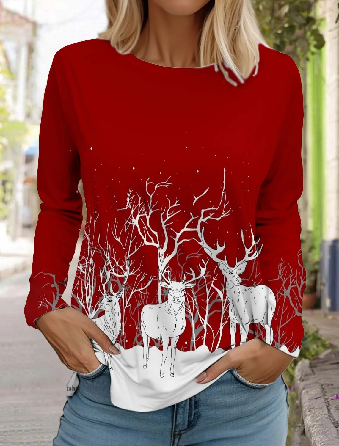 Christmas Elk Women\'s Long Sleeves T-Shirt Round Neck Long Sleeved Autumn Santa Claus Clothing Holiday Fashion Party T-Shirt