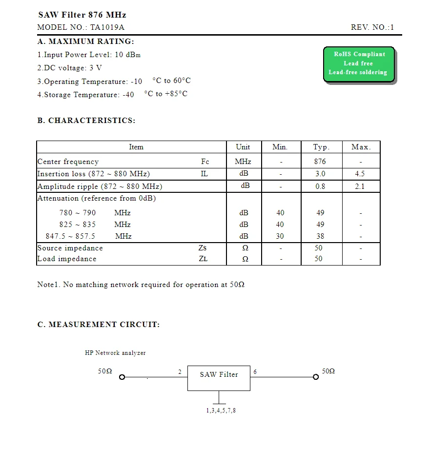 10 peças código ta1019a gn novo original 876mhz embalado filtro de serra smd em estoque