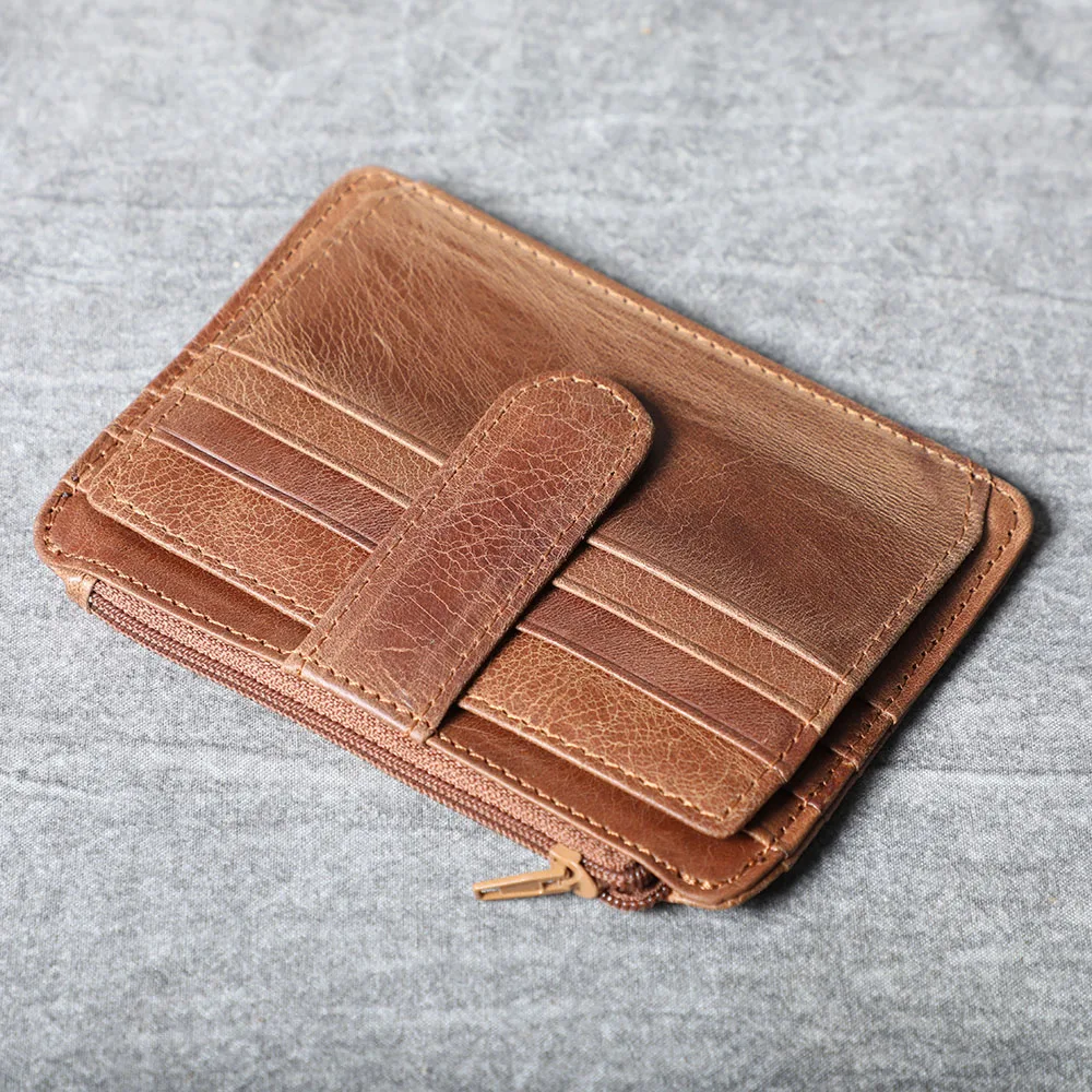 S.WORKER Handgefertigter Vintage-Kartenhalter aus echtem Leder, Vollnarbiges Rindsleder, Kleine Münztasche, Tragbare Tasche – Detail 8
