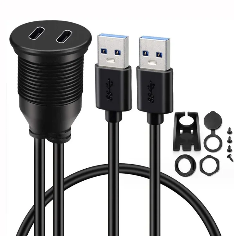 cabo-de-extensao-usb-30-de-1m-com-porta-dupla-macho-para-tipo-c-femea-a-prova-d'Agua-para-montagem-em-painel-de-carro-caminhao-e-moto