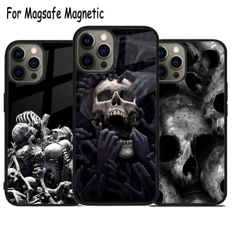 Realistic Skull Pile Wireless Charge Magsafe Phone Case For iPhone 15 16 14 13 11 12 Pro Max Plus Magnetic Bumper Cover