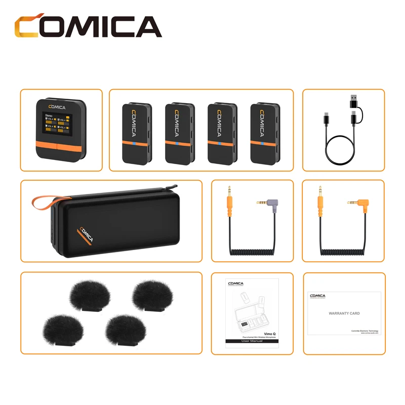 COMICA VimoQ microfono Lavalier Wireless professionale con riduzione del rumore da 1 a 4 per interviste Vloging Live Streaming 1 RX e 4 TX