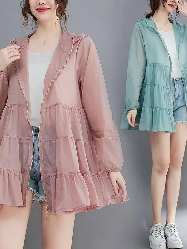 

plus Size 300 Pounds Women's Summer Thin Sun Protection Coat with Hood Skirt Design Meat Concealing Slimming Outerwear