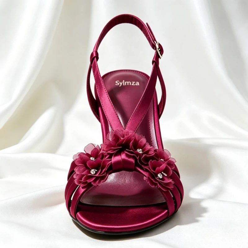 Bling Crystal Flowers Decorated Stiletto Sandals Women Elegant Burgundy Satin Slingback Heels Sexy Open-toe Buckle Designer Shoe view 3