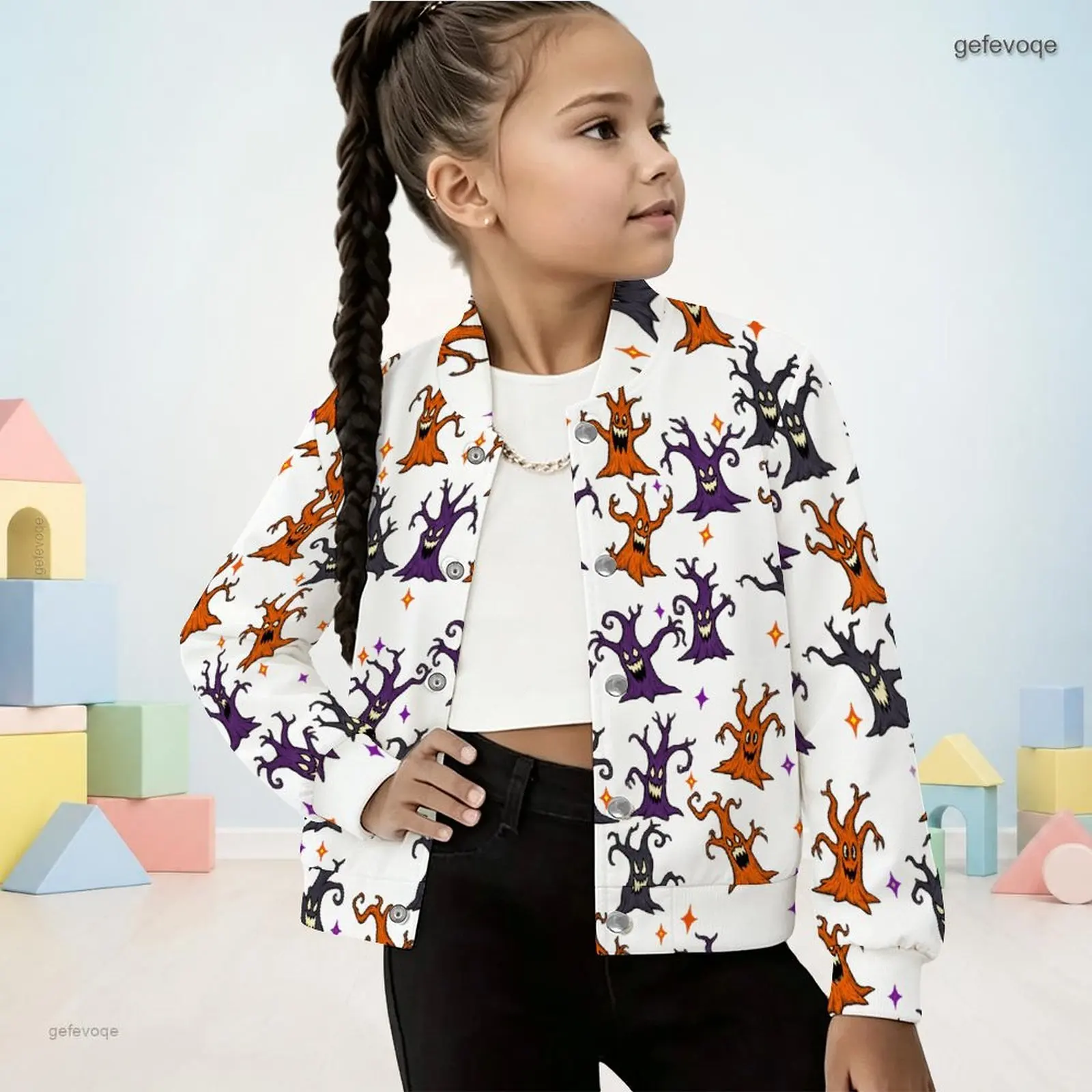 Autumn Graphic Print Girls Button Up Jacket Manin Collar Spooky Kids Clothing Halloween Party Wear