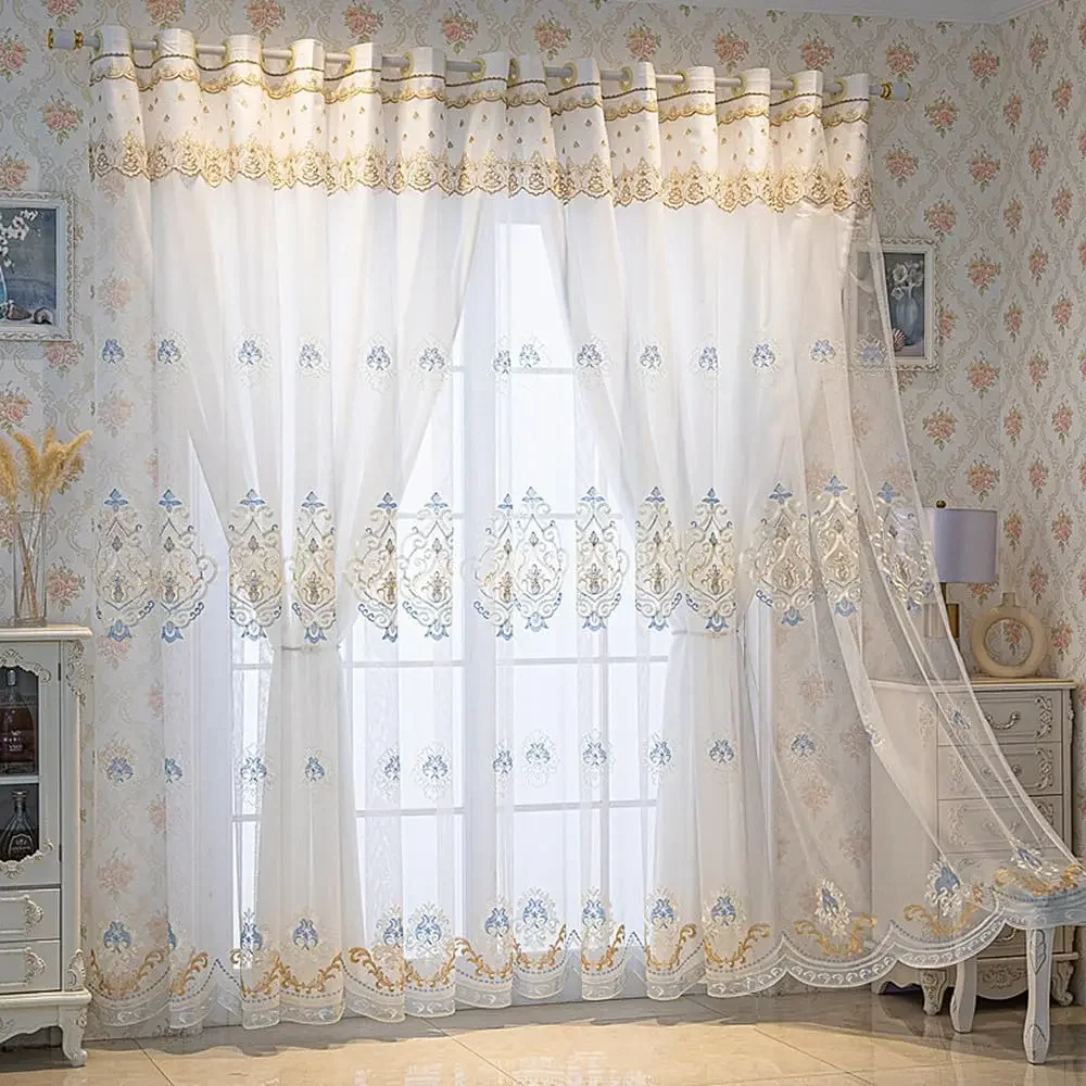 

1 Panel European Double Layer Curtain Luxury European Embroidered Semi-Blackout Curtain with Valance for Bedroom Living Room