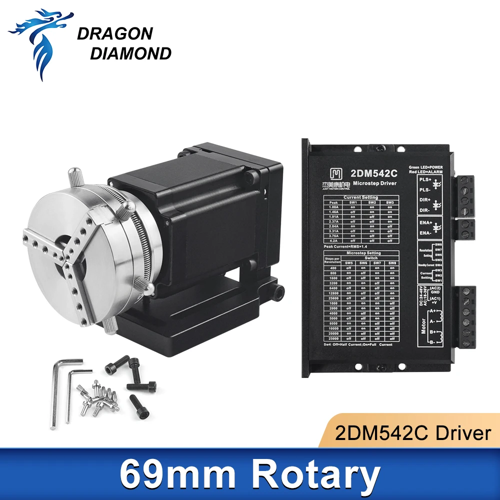 

69mm Rotary+2DM542C Driver Device Attachment Fixture Gripper Three Chuck Rotary Expansion Axis for Fiber Laser Marking Machine