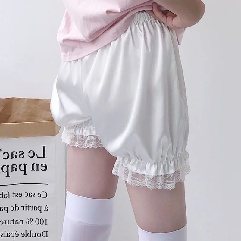 Satijnen Glanzende Schattige Lolita Veiligheid Korte Broek Vrouwen Sweet Ijs Zijde Jk Bloeiers Ruches Kanten Rand Slipje Pompoen Short Pettipants