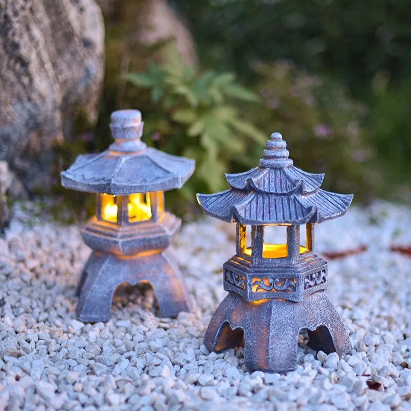 Resin Solar Garden Light Chinese Style Zen Stone Pagoda Statues Led Night Lights for Pathway Yard Garden Outdoor Decor