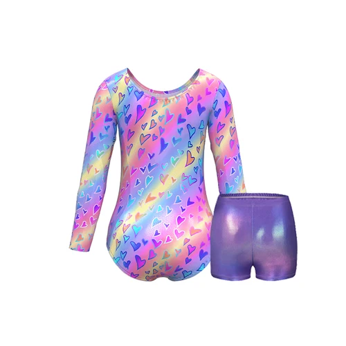 Imagen 2 del producto Leotardos de gimnasia para niñas, monos de manga larga coloridos brillantes con pantalones cortos y diadema, 4 piezas para actuación de baile