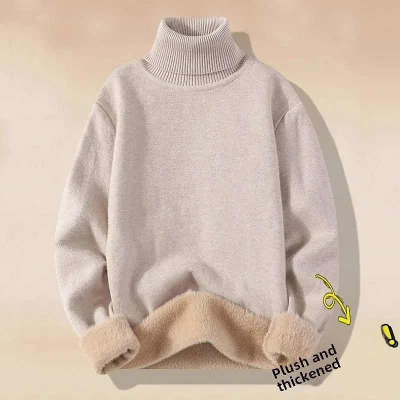 Men's Polo/Turtle Neck Sweater Knitted Fleece-Lined And Thickened White One-Piece Velvet Top Casual Style For Autumn Winter