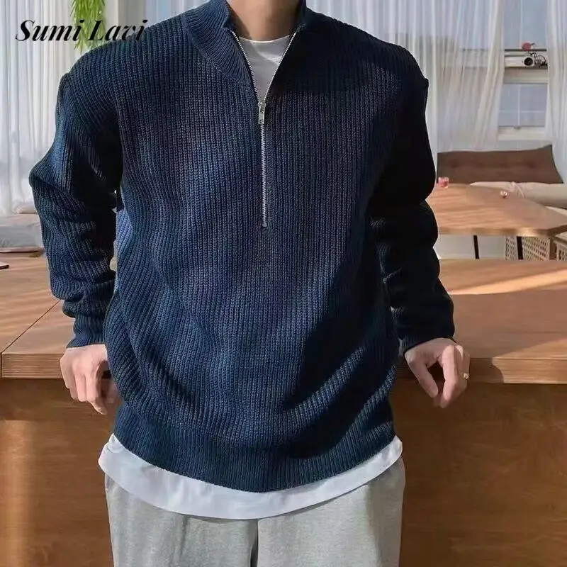 Daily Casual Knitting Polo-shirts Mens Trendy Loose Stand Collar Knit Pullover Fall Winter Solid Color Knitted Long Sleeve Shirt