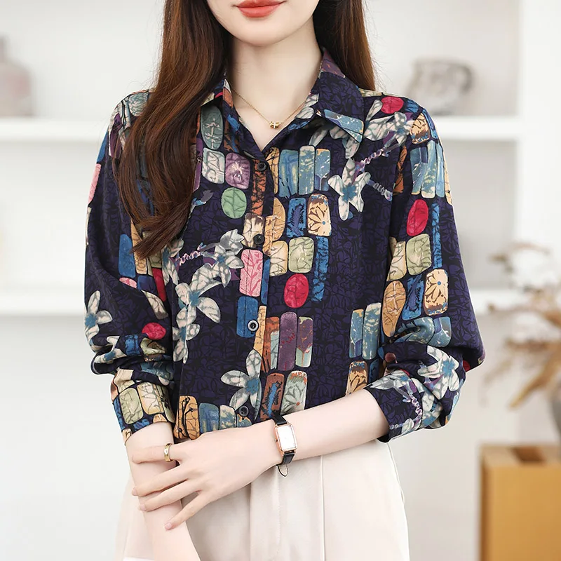 Women Clothing Fashion Printing Long Sleeve Chiffon Shirts Spring Autumn New Casual Loose Turn-down Collar Blouses Chic Y2k Tops