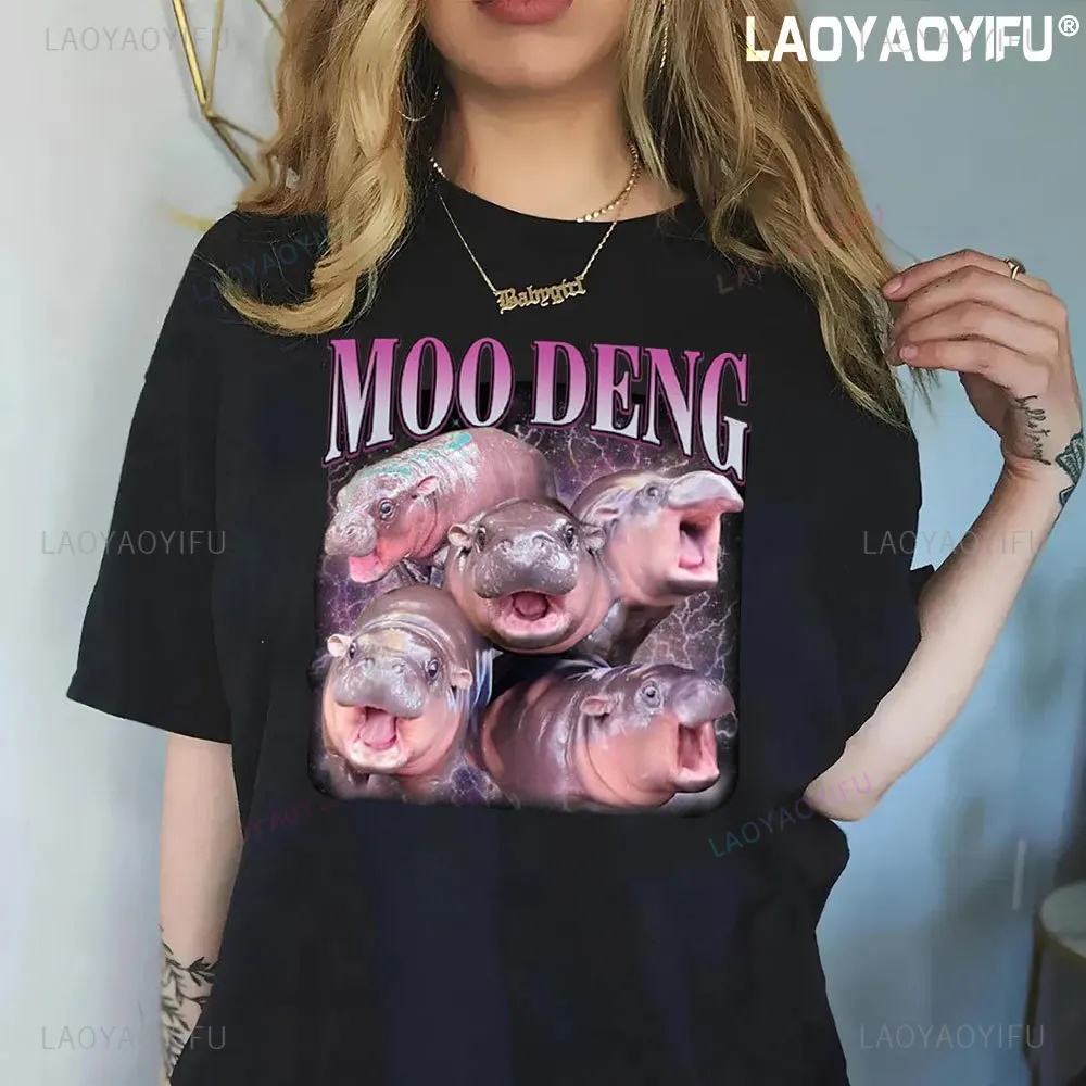 Kawaii Moo Deng Funny Baby Hippo Meme T Shirts Men Women Retro Aesthetic Short Sleeve T-shirt High Quality Cotton Loose Tshirt