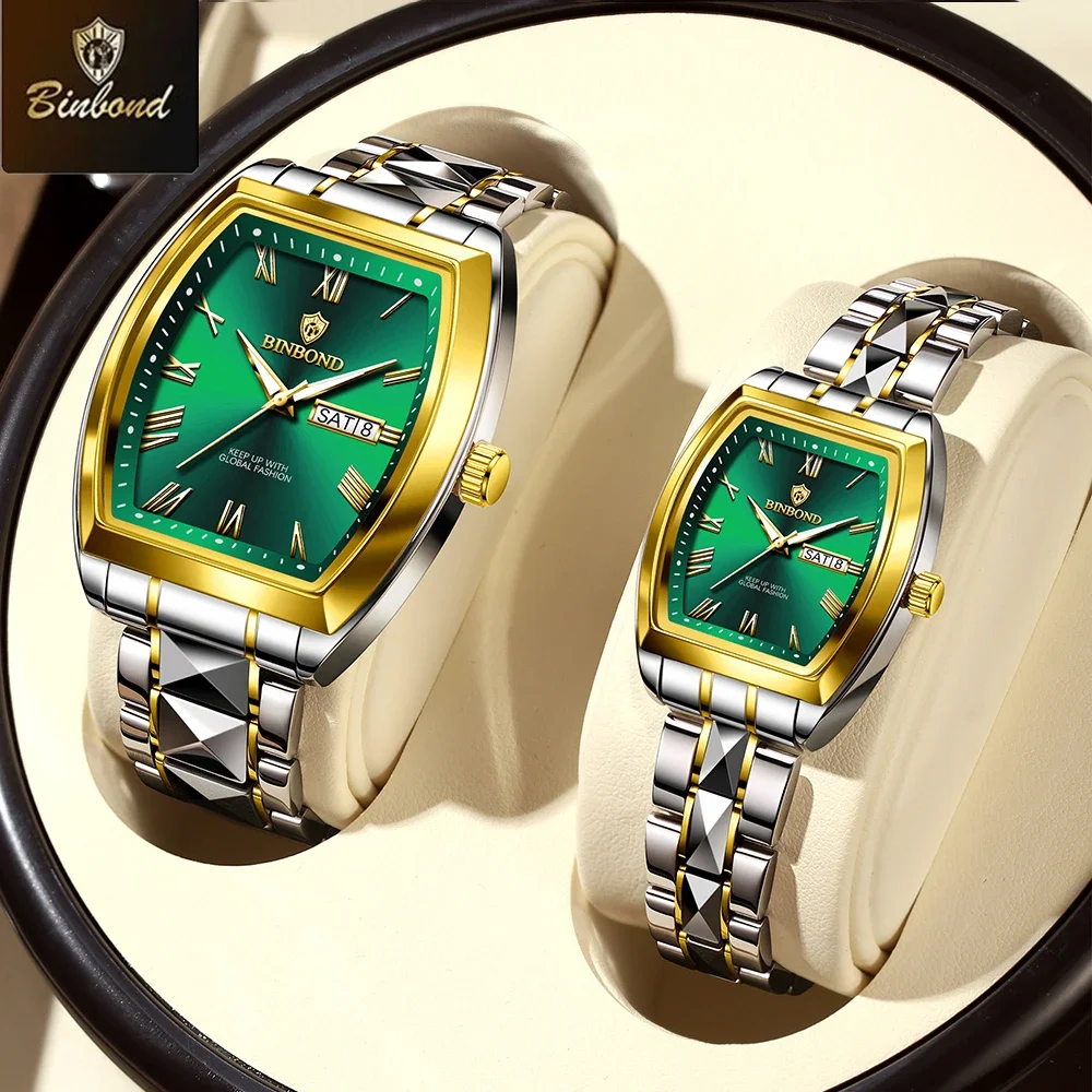 BINBOND 2pcs/Set Couple Quartz Watches Fashion Square Wateproof Lover Watch Luminous Date Week Men Ladies Casual Wristwatch