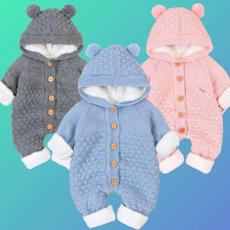 Newborn Baby Clothes Cardigan Hooded Rompers Autumn Winter Girl Boy Fashion Infant Costume Kids Toddler Cashmere Knit Jumpsuit