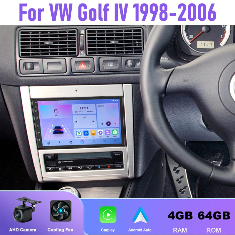 

7'' 4+64GB For VW Golf IV 1998-2006 Car Radio Android 15 Auto Support Wireless Apple Carplay Stereo Rear Camera GPS Navi