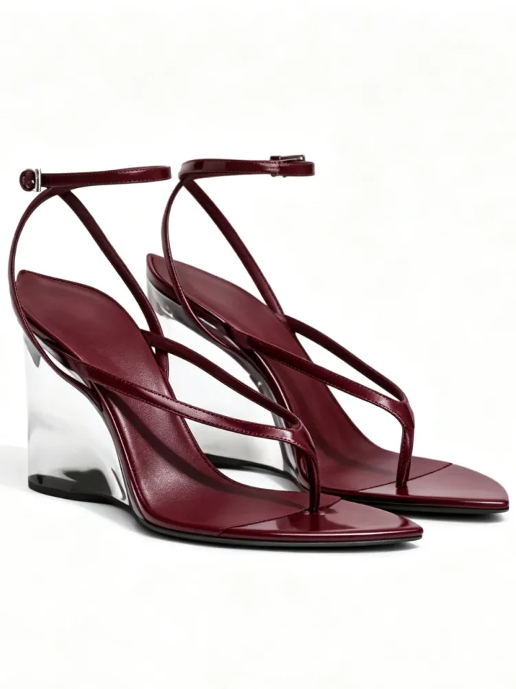 Summer Clip Toe Thin Strap Transparent Wedge Sandals Pointed Fashion Flip Flops Women's High-heeled Sandals