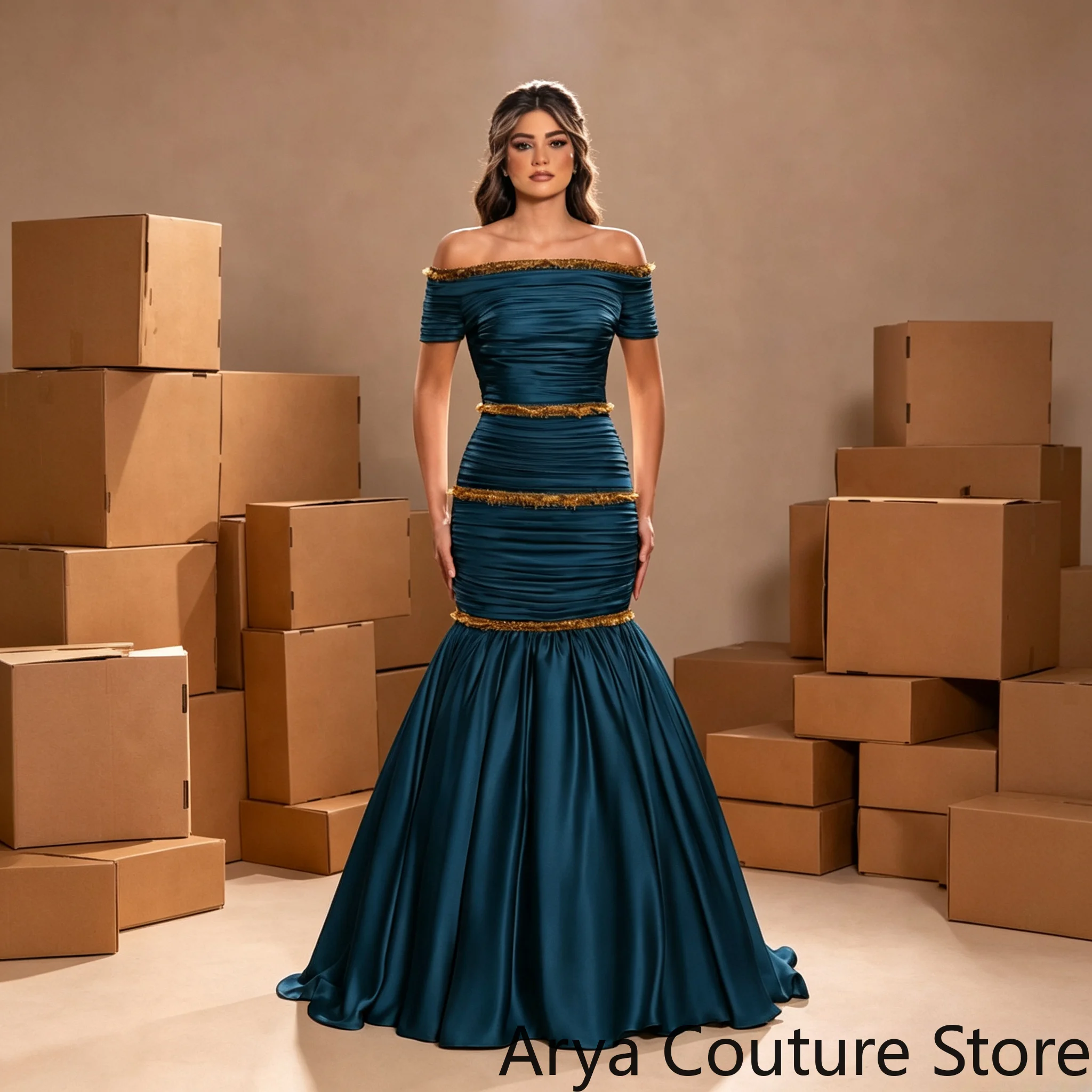 Mermaid Prom Dress Horizontal Ruched Fitted Bodice Multi‑Layer Gold Fringe Tassel Trim At Waist And Hip Voluminous Satin