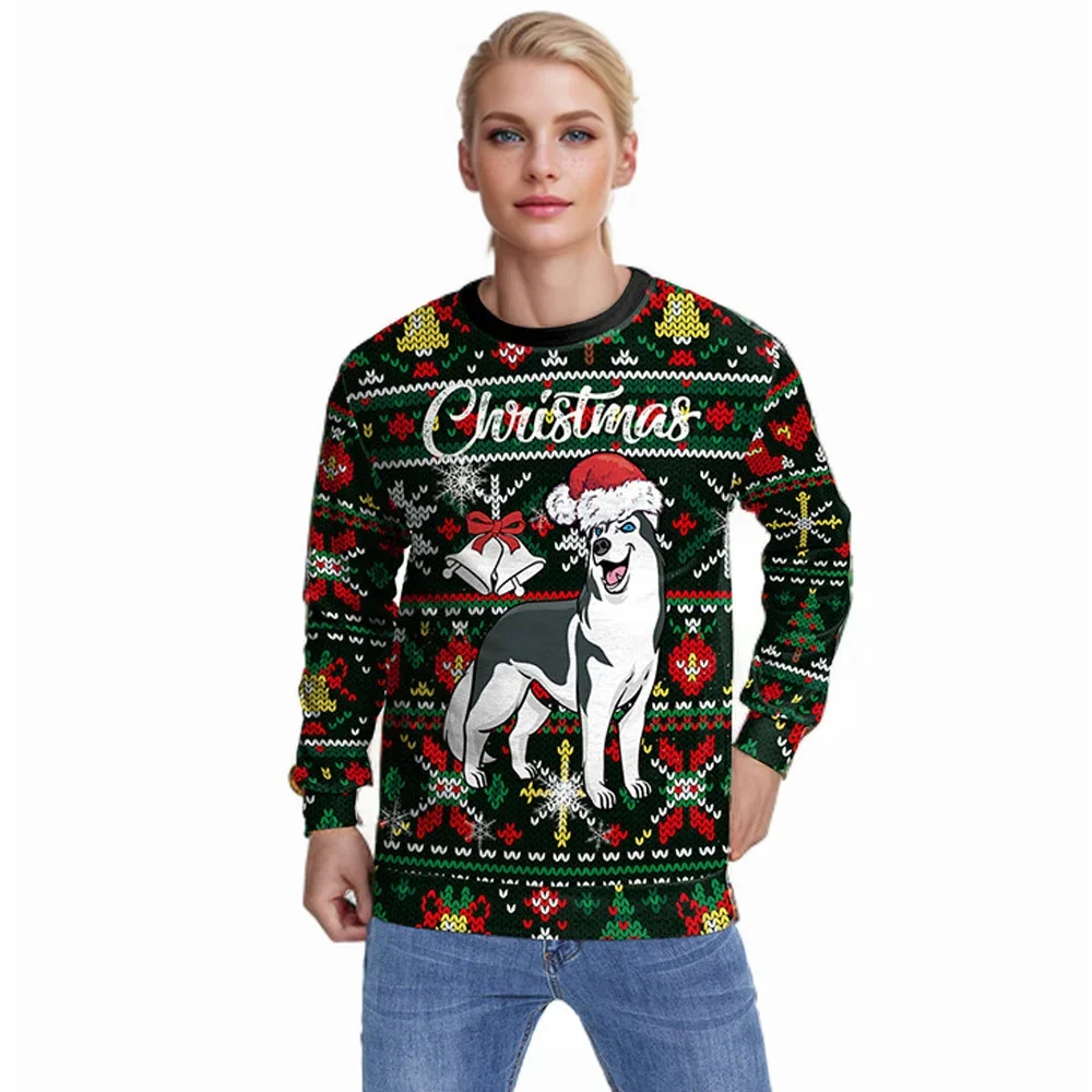 Men Women Holiday Party Sweatshirt 3D Christmas Dog Snowfalkes Bell Tree Print Xmas Jumper Tops Pullover Ugly Christmas Sweater