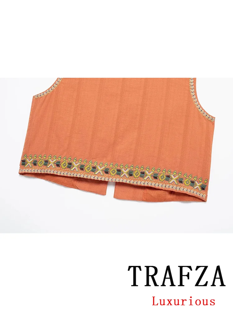 TRAFZA Casual Vintage Women Embroidery Print O-Neck Sleeveless Open Stitch Straight Jackets Coats New Fashion 2024 Autumn Vests