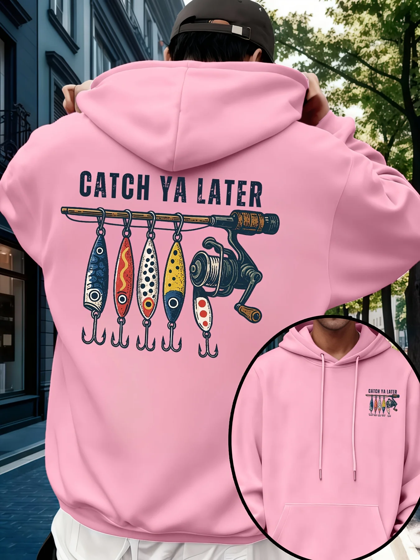 Herren Sport Hip-Hop Hoodie, „Catch Ya Later“ Angelköder-Grafik, Fleece-gefüttertes Sweatshirt für Urban Street Style und kaltes Wetter – Detail 6