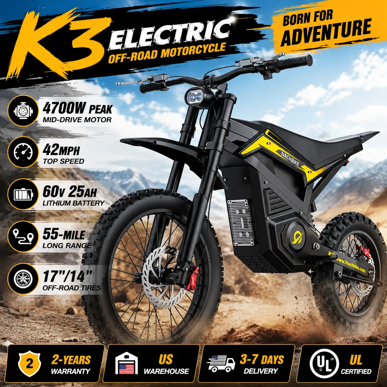 K3 Electric Dirt Bike 4700W Mid-Drive Motor 42MPH 55 Mile Range E-Bike 60V 25Ah Battery 17''14'' All-Terrain Electric Motorcycle