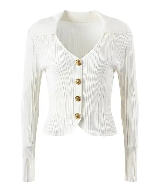 Women White Turn-down Collar V-neckline Wool Blends Coat Knitted Office Lady Slim Fitted Single-breasted Cardigan