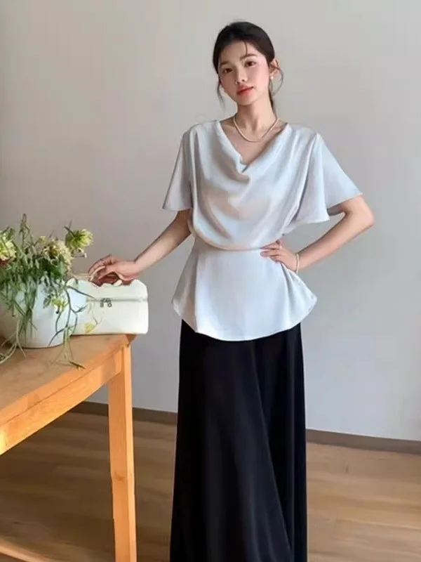 

Ele Unique Women's irt 2025 New Sle Light Luxury ort Sve V-Ne Slim Fit Summer Top Korean Sle Polyester Fiber