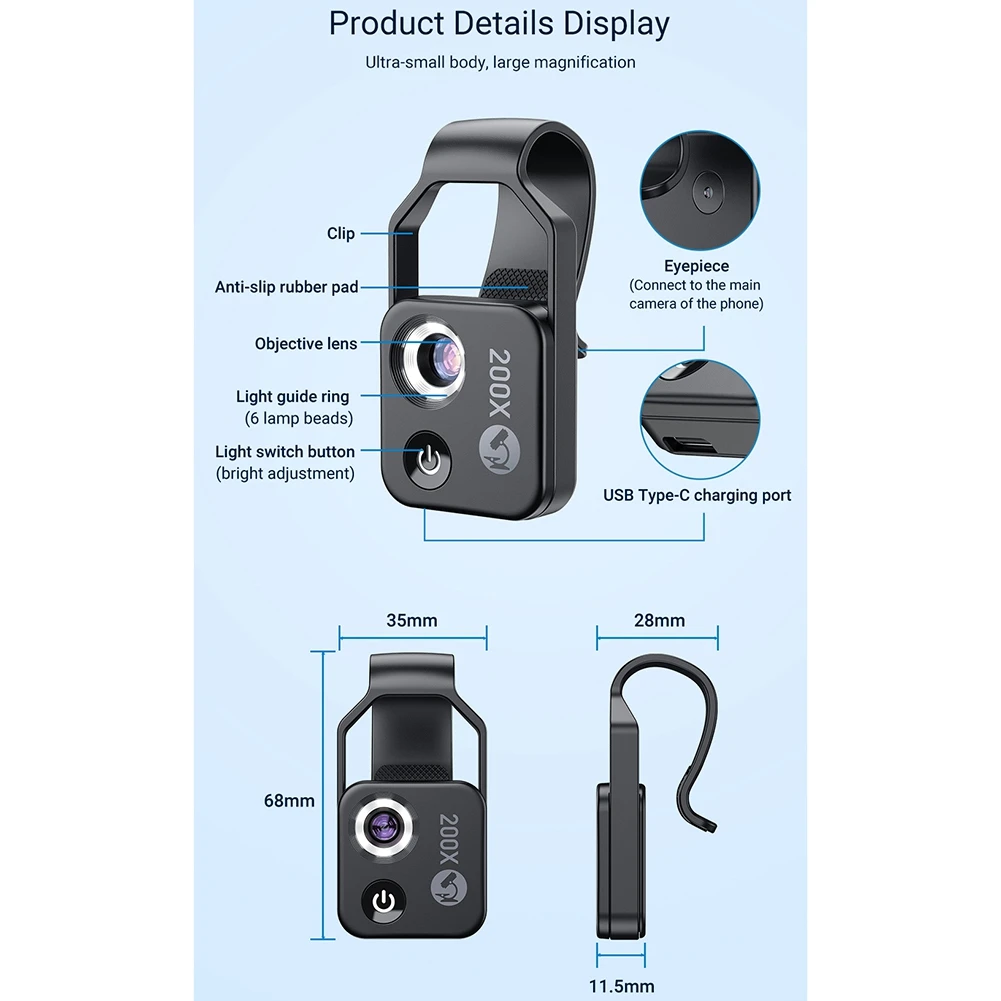 APEXEL-Lentille de microscope à grossissement 200X, mini lentilles Partenaires de poche, lumière LED mobile NO CPL, pour iPhone, tous les smartphones, noir