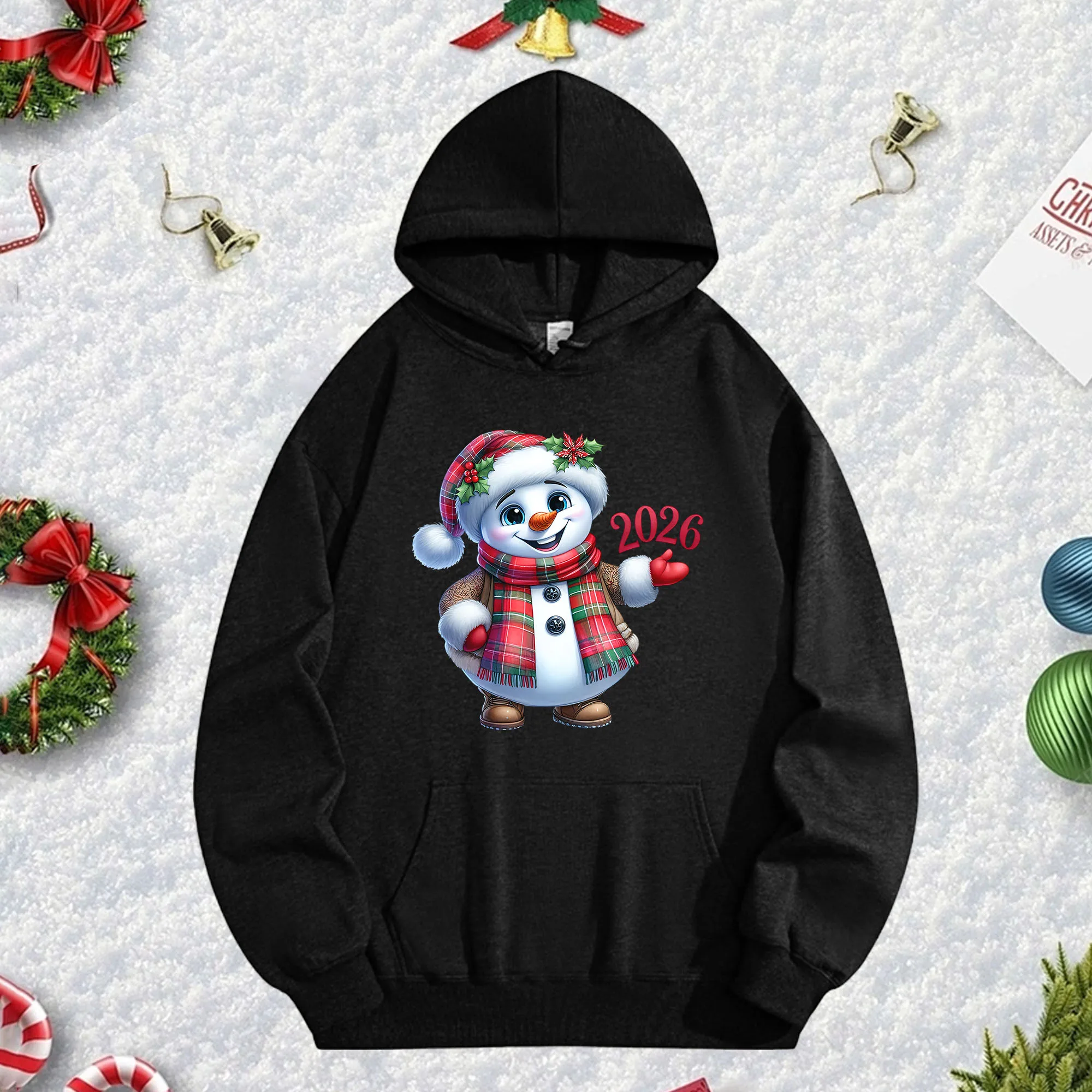 2026 Snowman 270G هوديي أسود للرجال والنساء، بلوفر صوف كبير الحجم مريح لموسم الخريف/الشتاء وعيد الميلاد