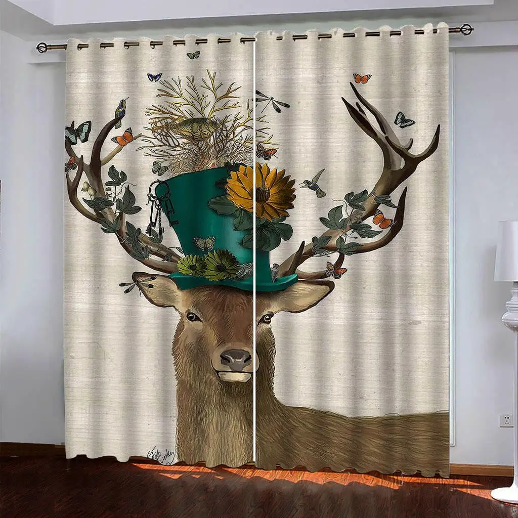 

2Pcs Dreamy Forest Deer Curtains Art Print Living Room Bedroom Sun Shade Curtains Nordic Style Animal Theme Decorative Drapes